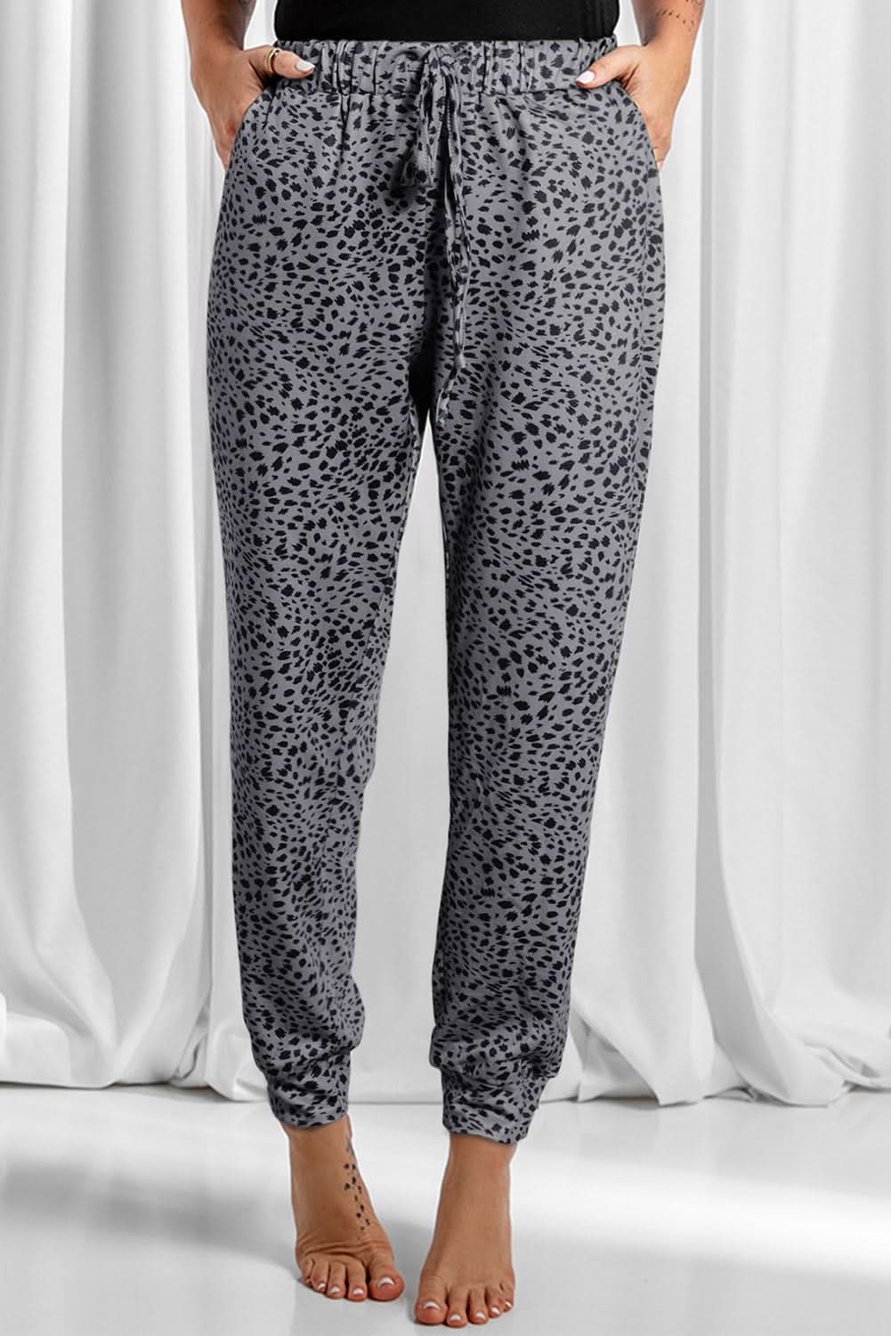 Full Size Leopard Drawstring Pocketed Pants Dark Gray