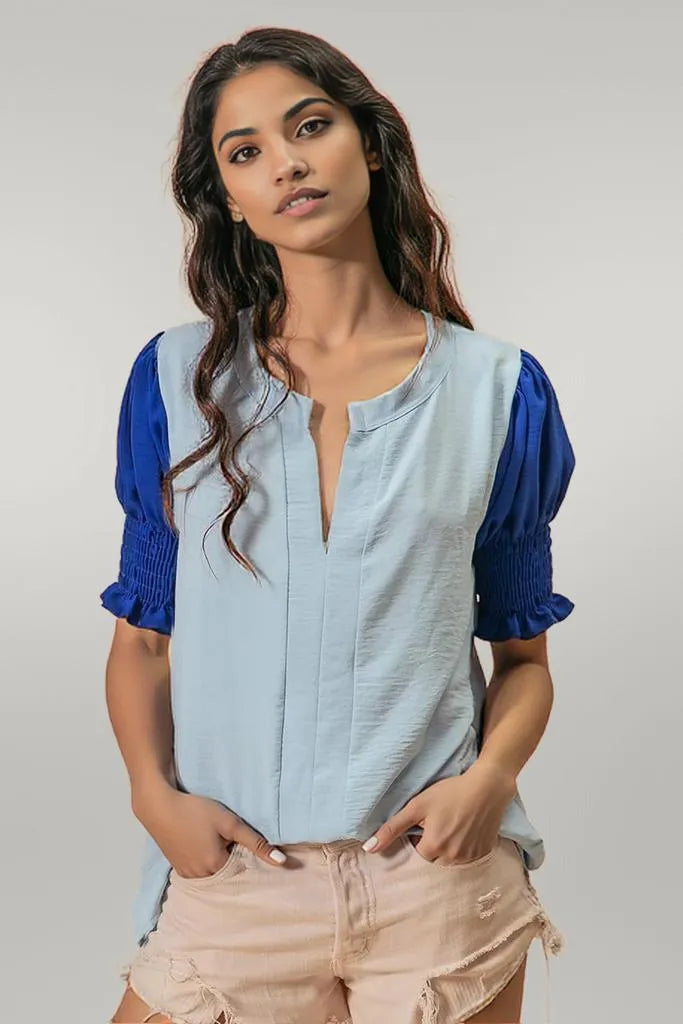 BiBi Air Flow Color Block Puff Sleeves V Neck Top
