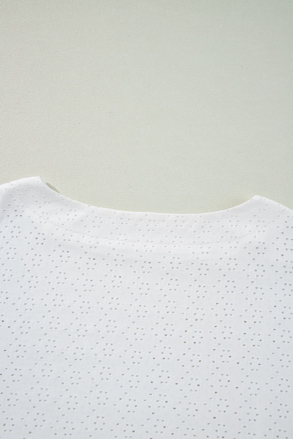 White Eyelet Pattern Boat Neck Casual Tee