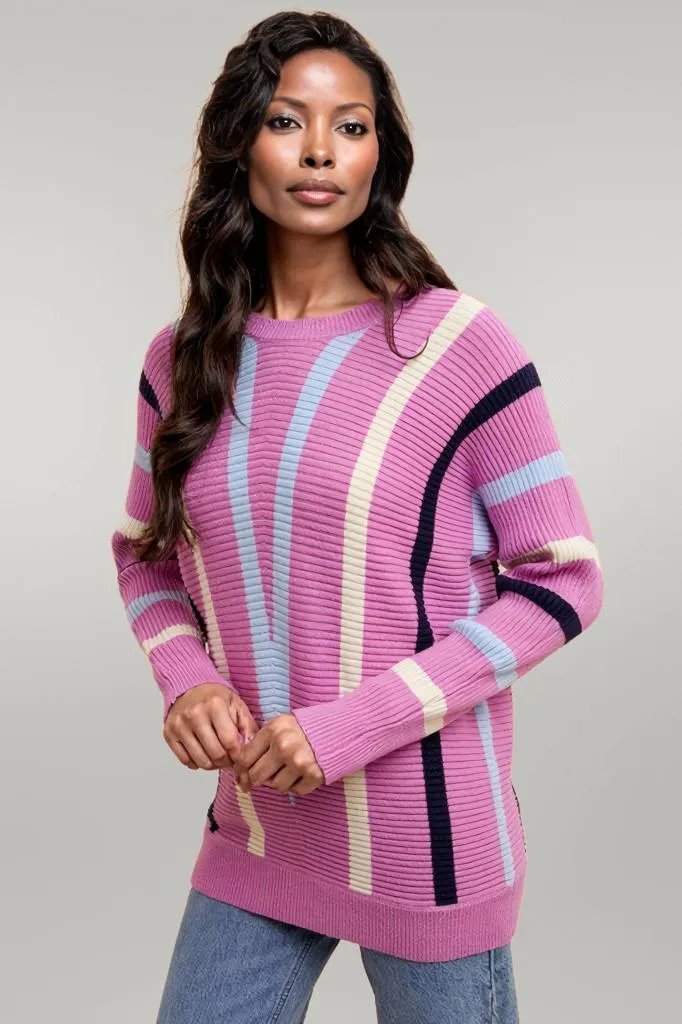Annie Wear Chevron Stripe Round Neck Ribbed Sweater