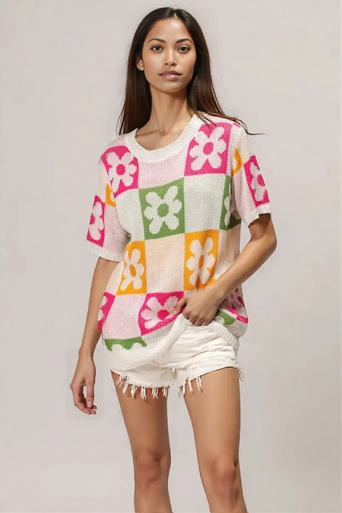 BiBi Flower Checker Pattern Lightweight Sweater Top
