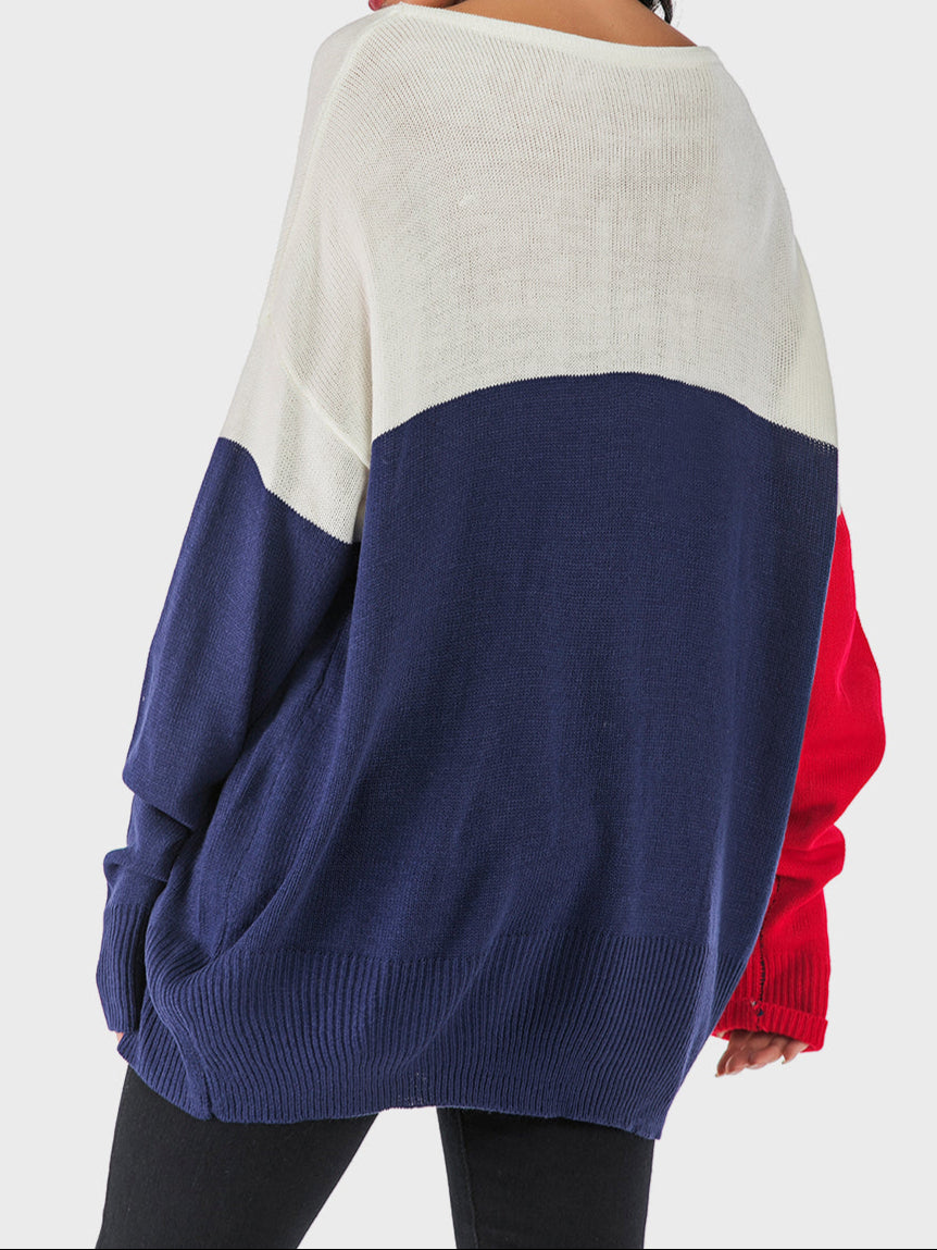 Perfee Contrast V-Neck Long Sleeve Knit Top