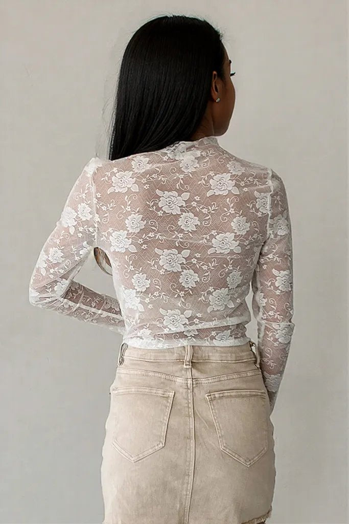 Black Sheer Floral Lace Mesh Mock Neck Long Sleeve Top