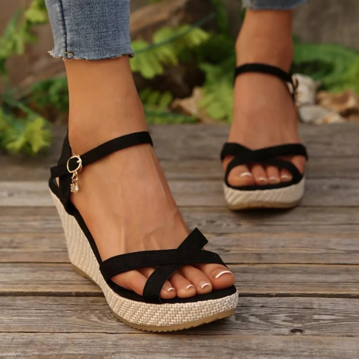 Crisscross Open Toe Wedge Sandals Black
