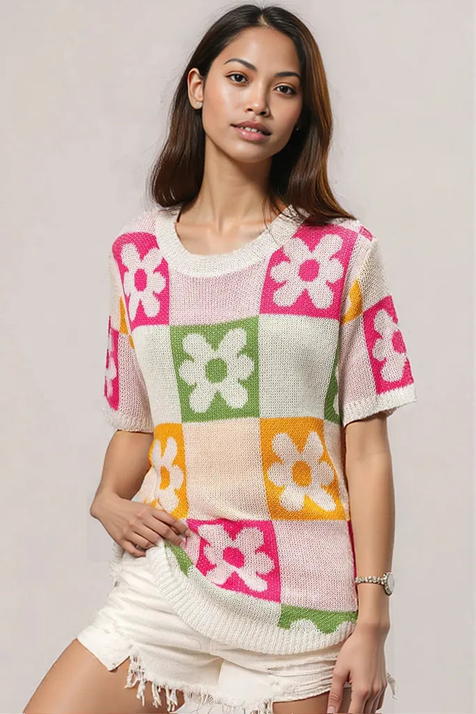 BiBi Flower Checker Pattern Lightweight Sweater Top