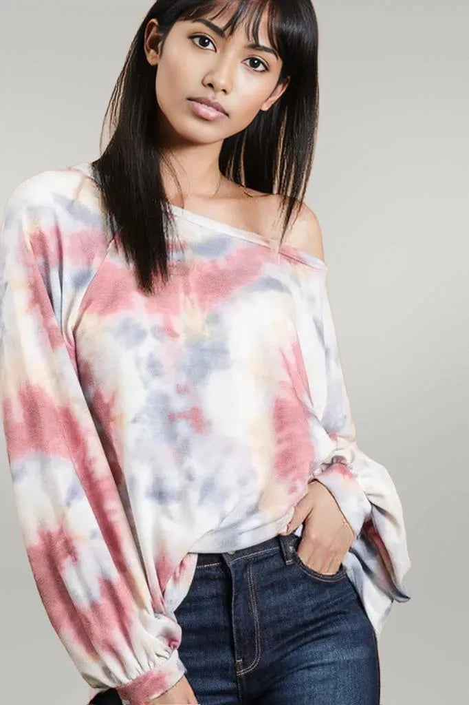 BiBi Tie Dye Print Terry Top With Puff Sleeves