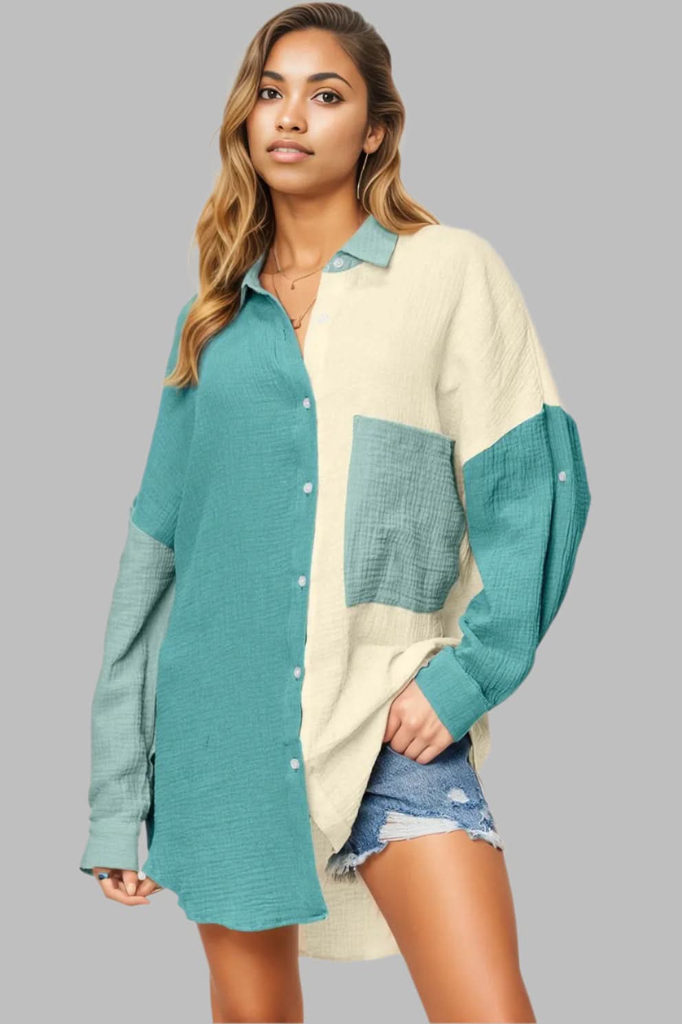 Double Take Full Size Pocketed Texture Button Up Shirt Teal