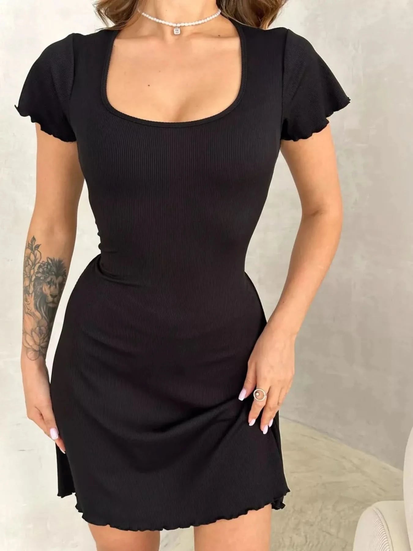Ribbed Back Lace Up Short Sleeve Mini Dress