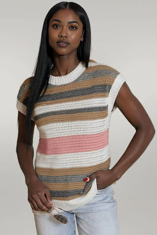 Pink Stripe Color Block Eyelet Knit Short Sleeve Sweater Tee Pink Stripe 100%Polyester