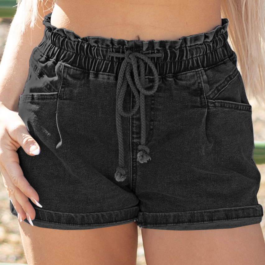 Black Drawstring High Waist Casual Denim Shorts with Pockets