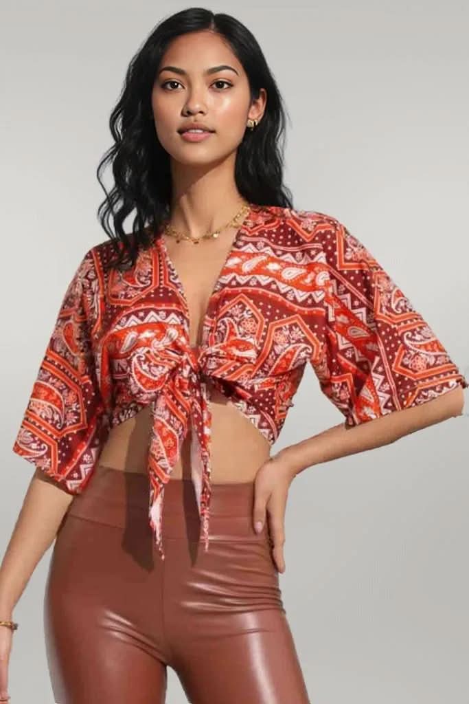 Printed Tie Front Cropped Dolman Sleeve Blouse