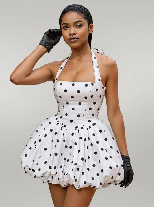 Polka Dot Halter Neck Mini Dress White