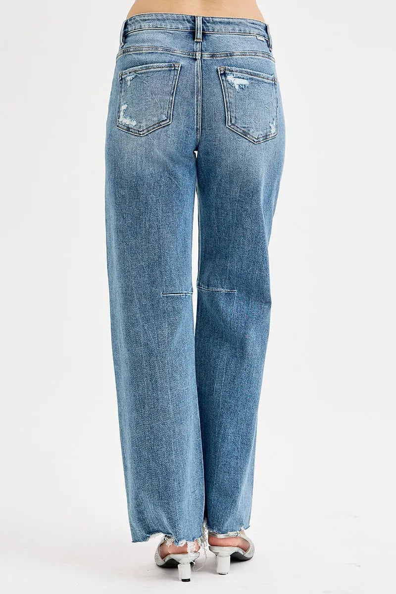 RISEN Full Size Mid Rise Fit Wide Baggy Leg Tie Washed Jeans