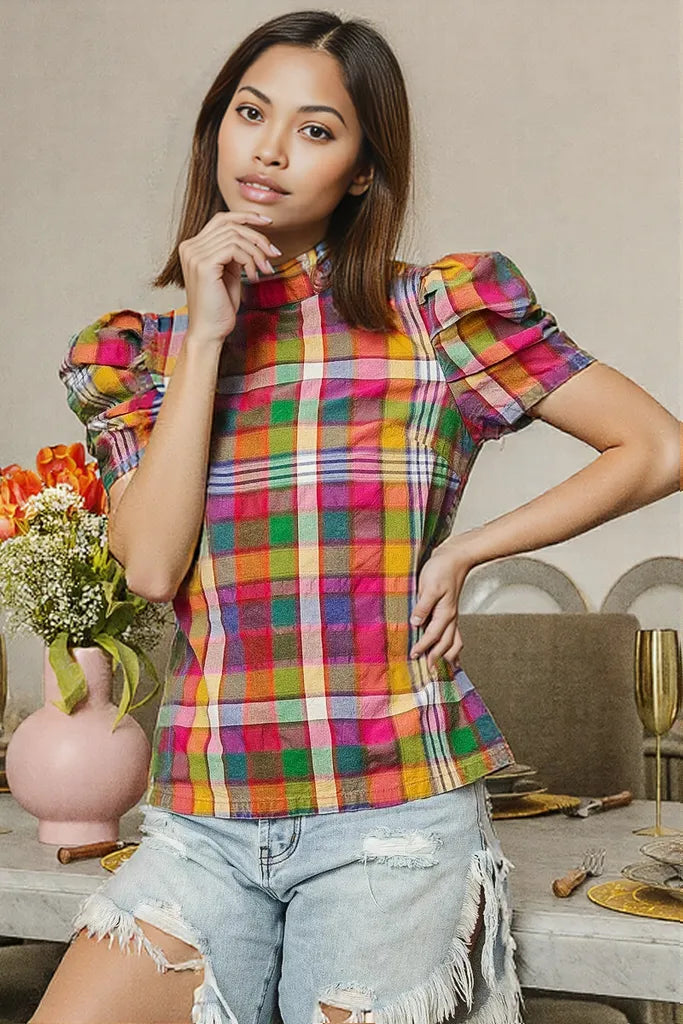 BiBi Short Puff Sleeve Washed Vintage Plaid Top STAINED GLASS