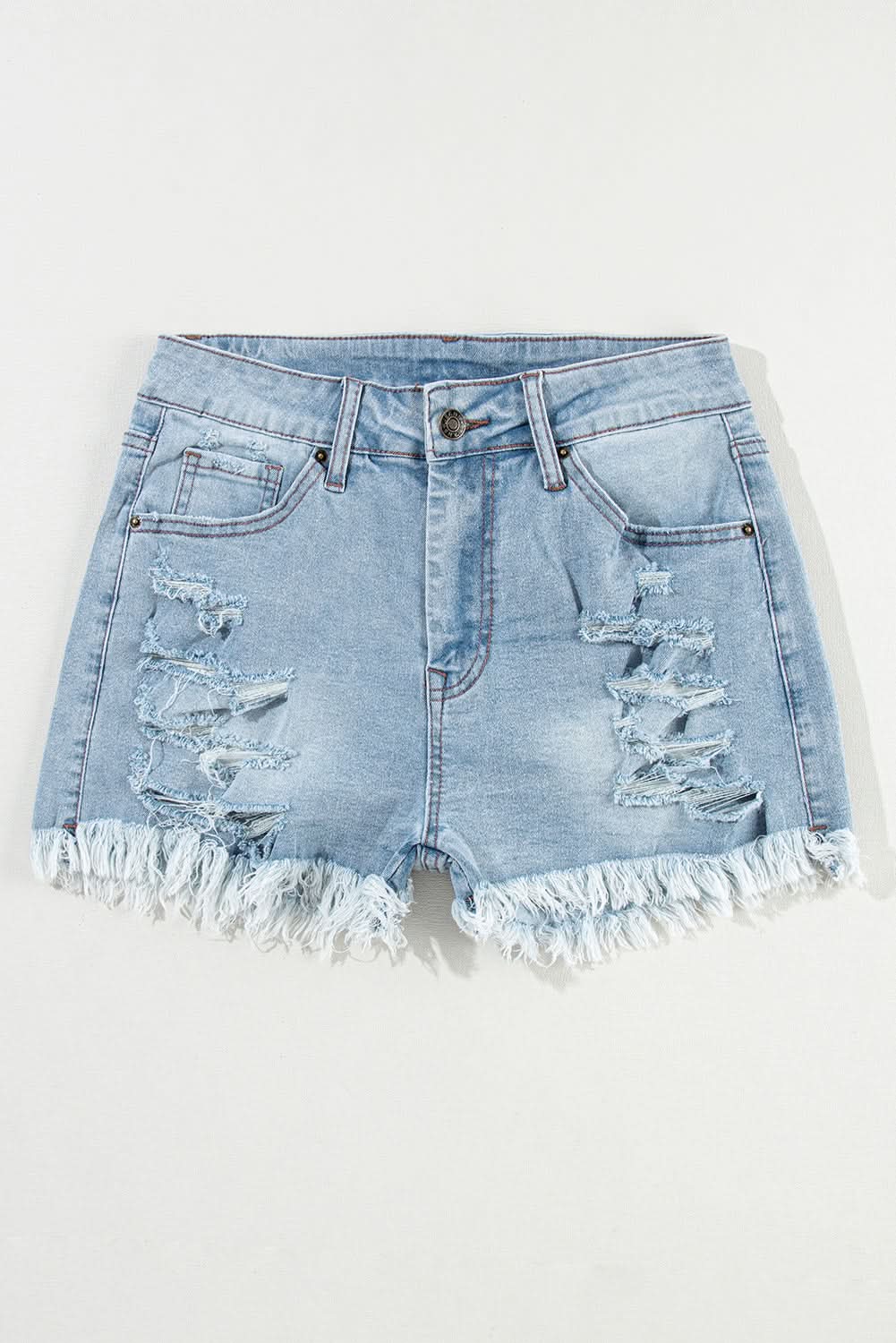 Light Blue Distressed Ripped Raw Hem High Waist Denim Shorts Light Blue 55%Cotton+42%Viscose+3%Elastane