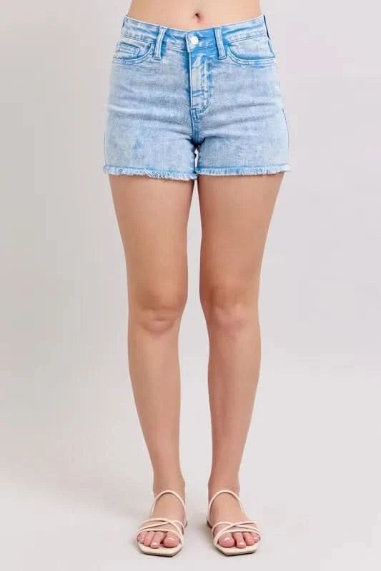 Judy Blue Full Size Mid Rise Garment Dyed Denim Shorts CYAN