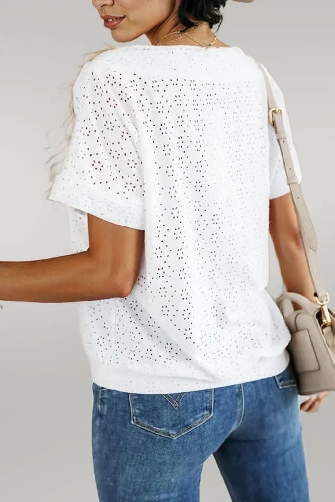 White Eyelet Pattern Boat Neck Casual Tee