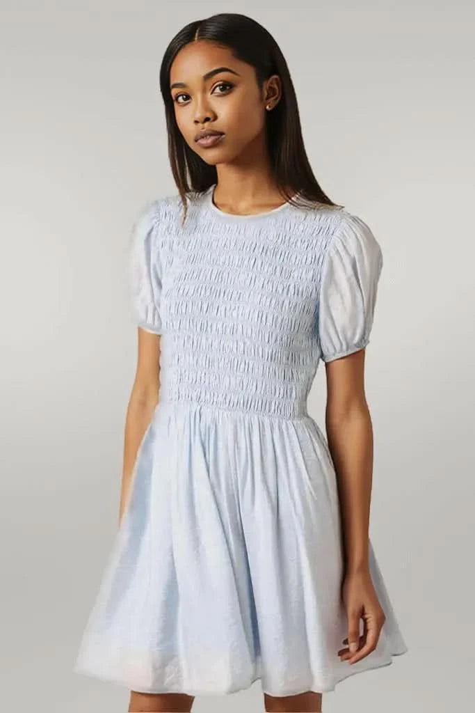 Mittoshop Smocking Detail Puff Sleeve Mini Dress BLUE