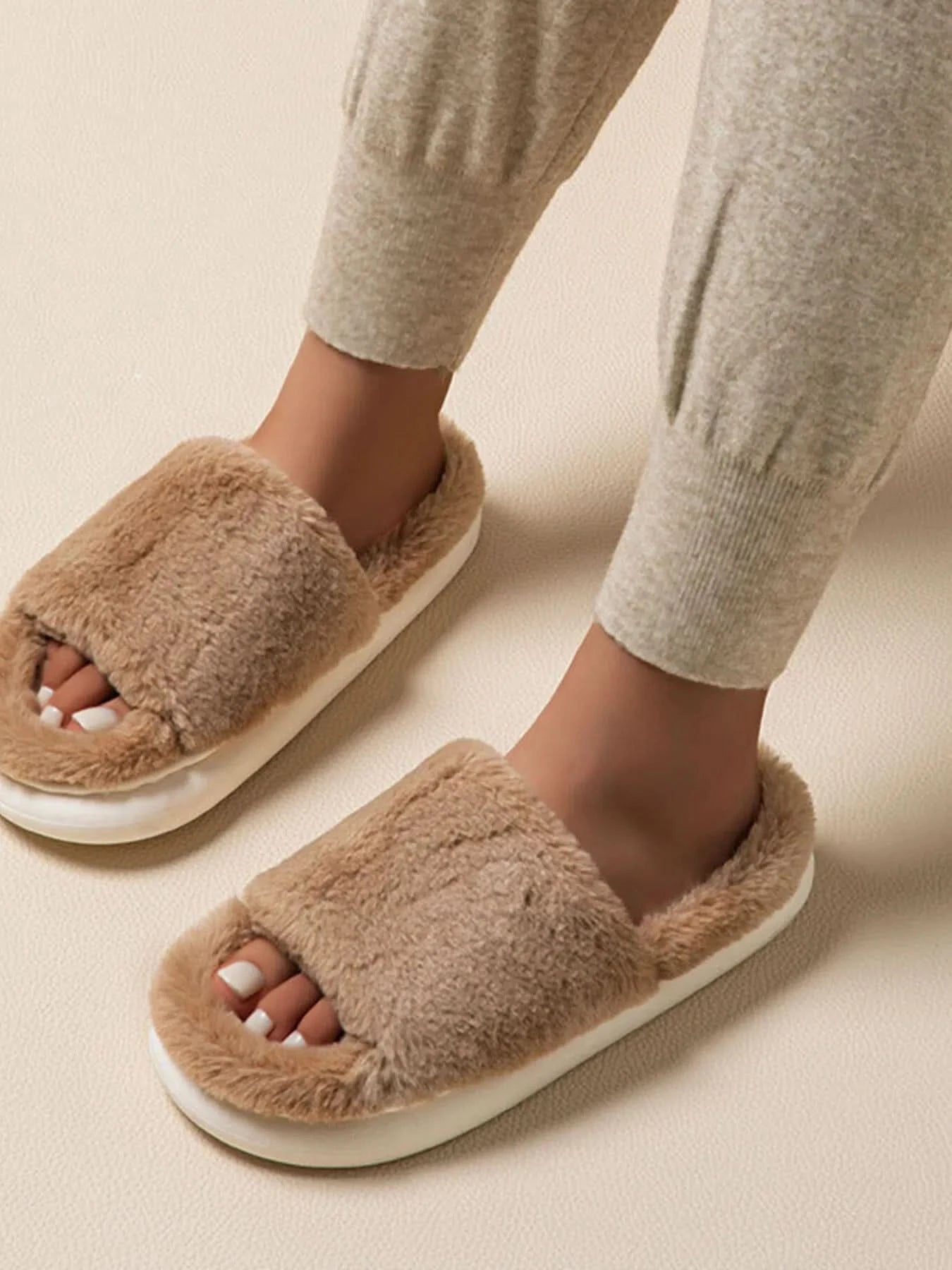 Fluffy Open Toe Comfort Slippers Khaki