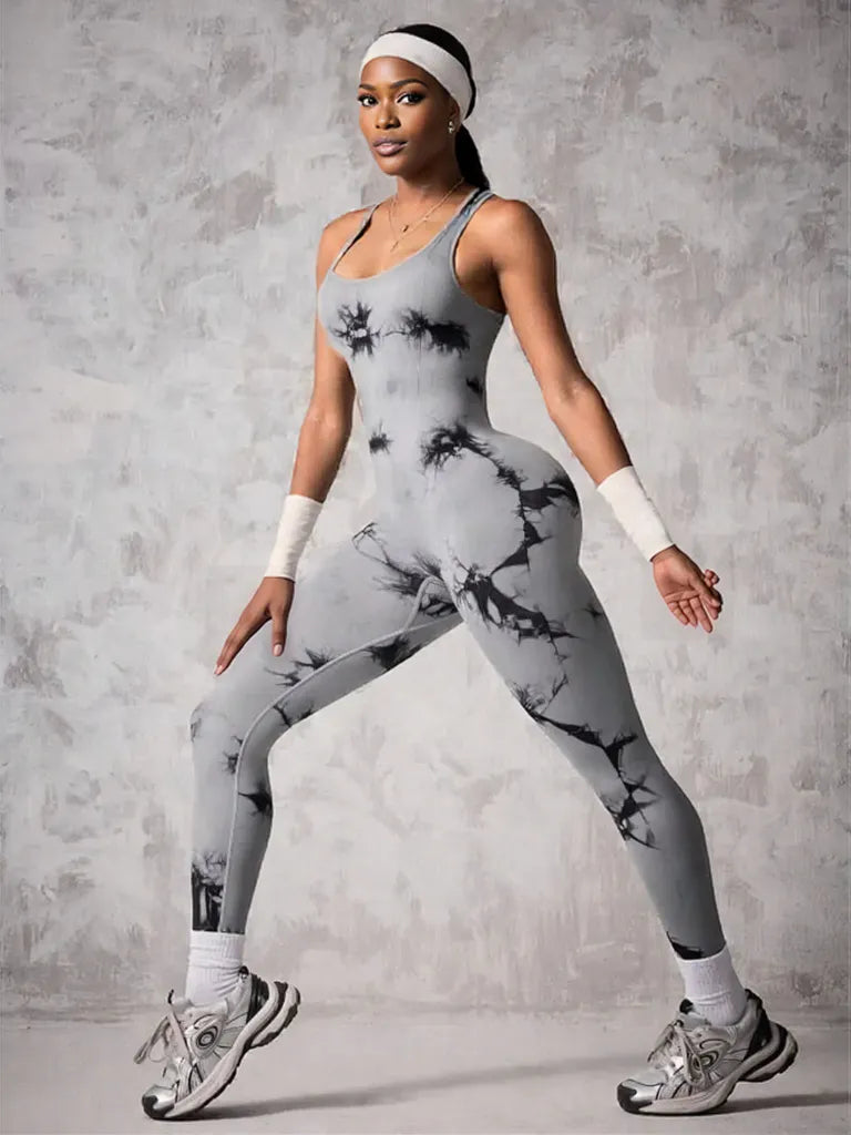 Back Crisscross Tie-Dye Scoop Neck Active Jumpsuit