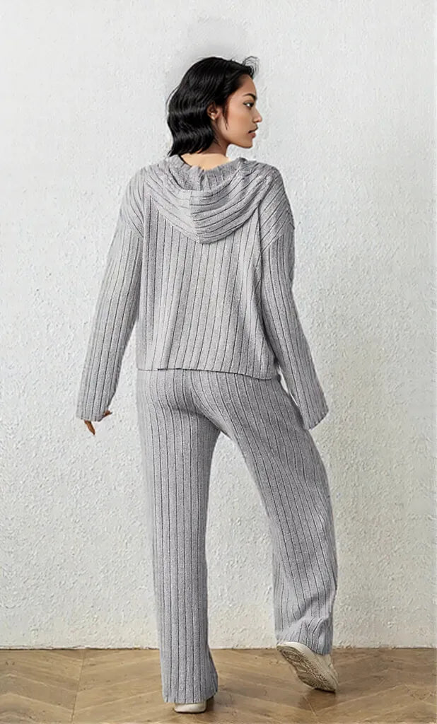 Ribbed Drawstring Hoodie and Pants Set