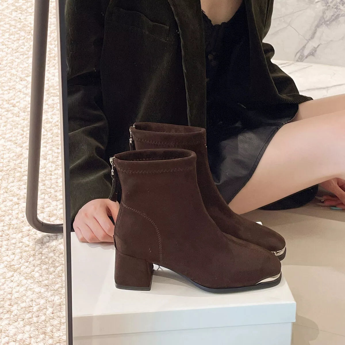Square Toe Block Heels Boots Brown