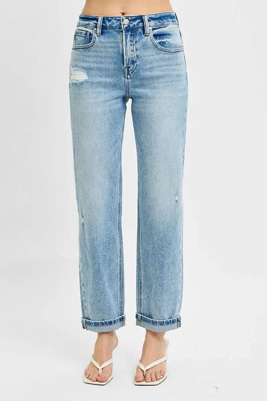 RISEN Full Size High Rise Ankle Boyfriend Distressed Jeans Light