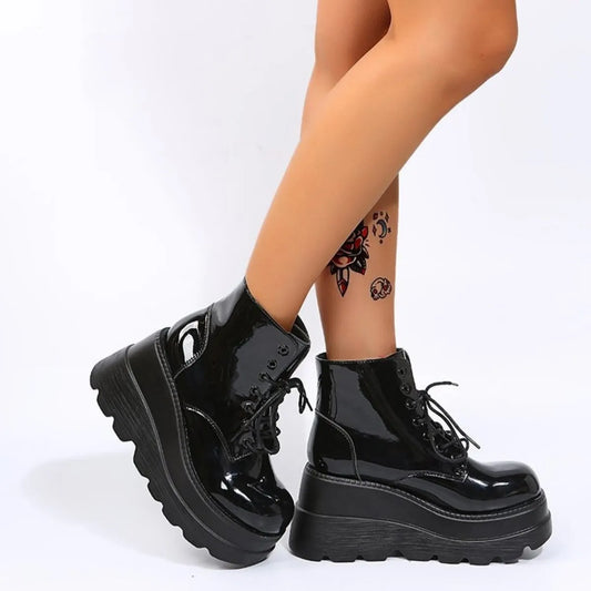 Lace Up Platform Wedge Boots Black Gloss