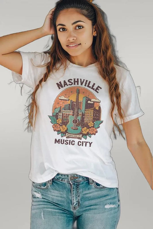 NASHVILLE MUSIC CITY Graphic Round Neck Tee White