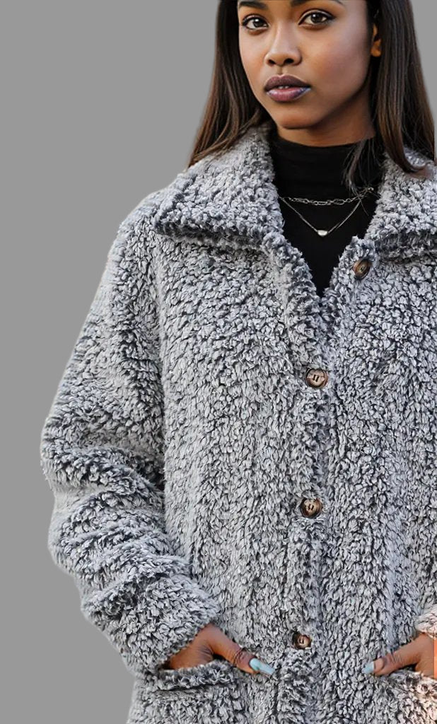 Pocketed Collared Neck Long Sleeve Plush Jacket