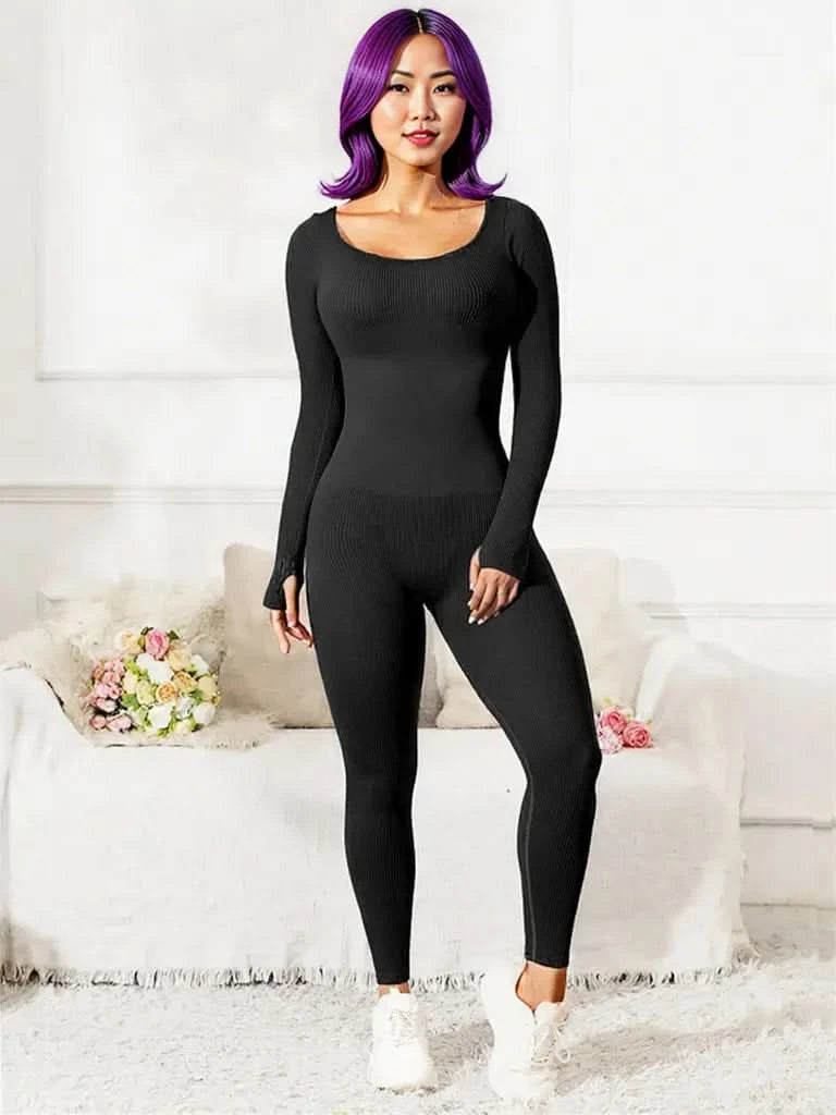 Scoop Neck Long Sleeve Active Jumpsuit Black