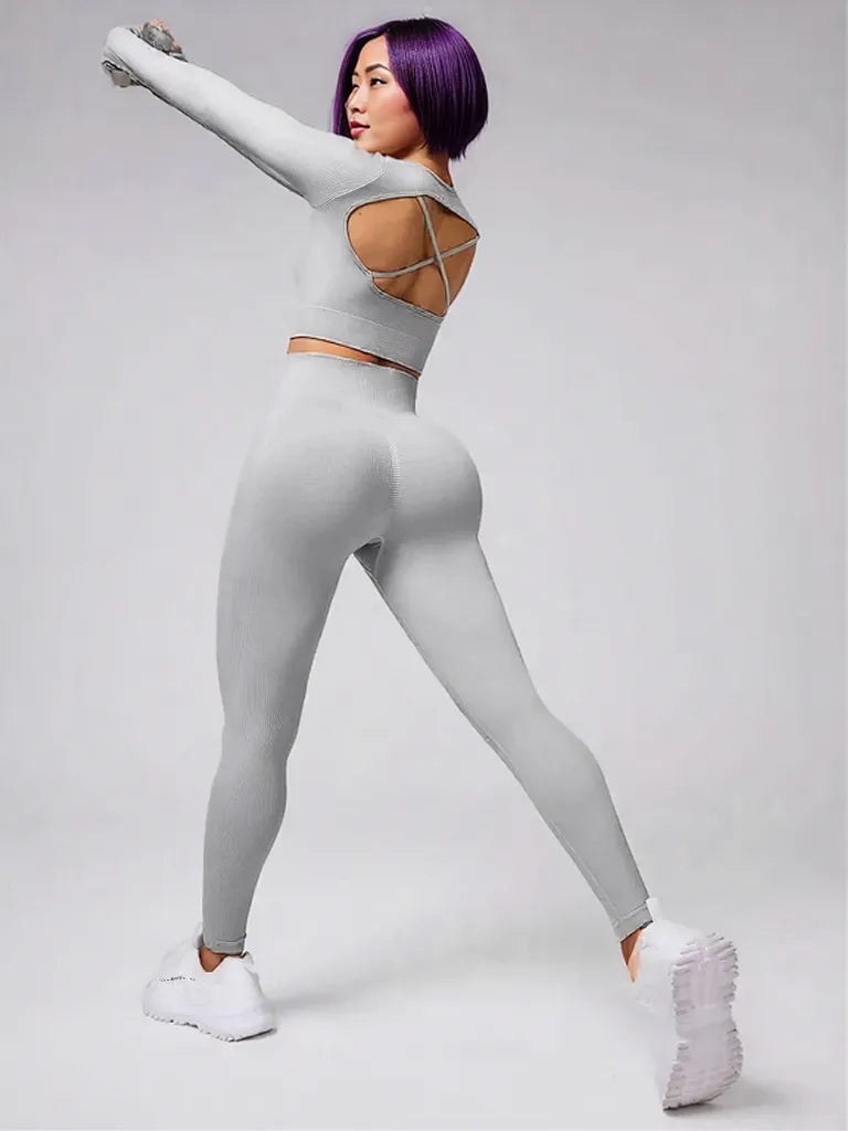Back Crisscross Round Neck Long Sleeve Top and Leggings Active Set