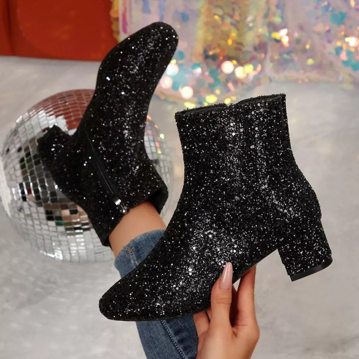 Sequin Block Heels Boots