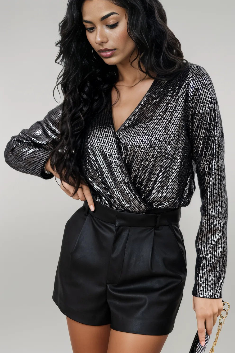 Black Sequin Mesh Long Sleeve Surplice Neck Bodysuit