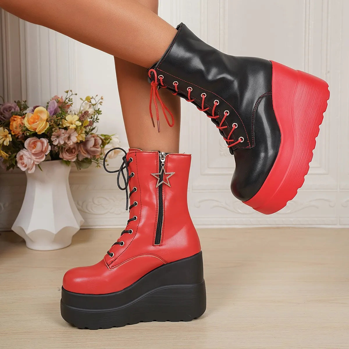 Color Block Platform Wedge Boots Red