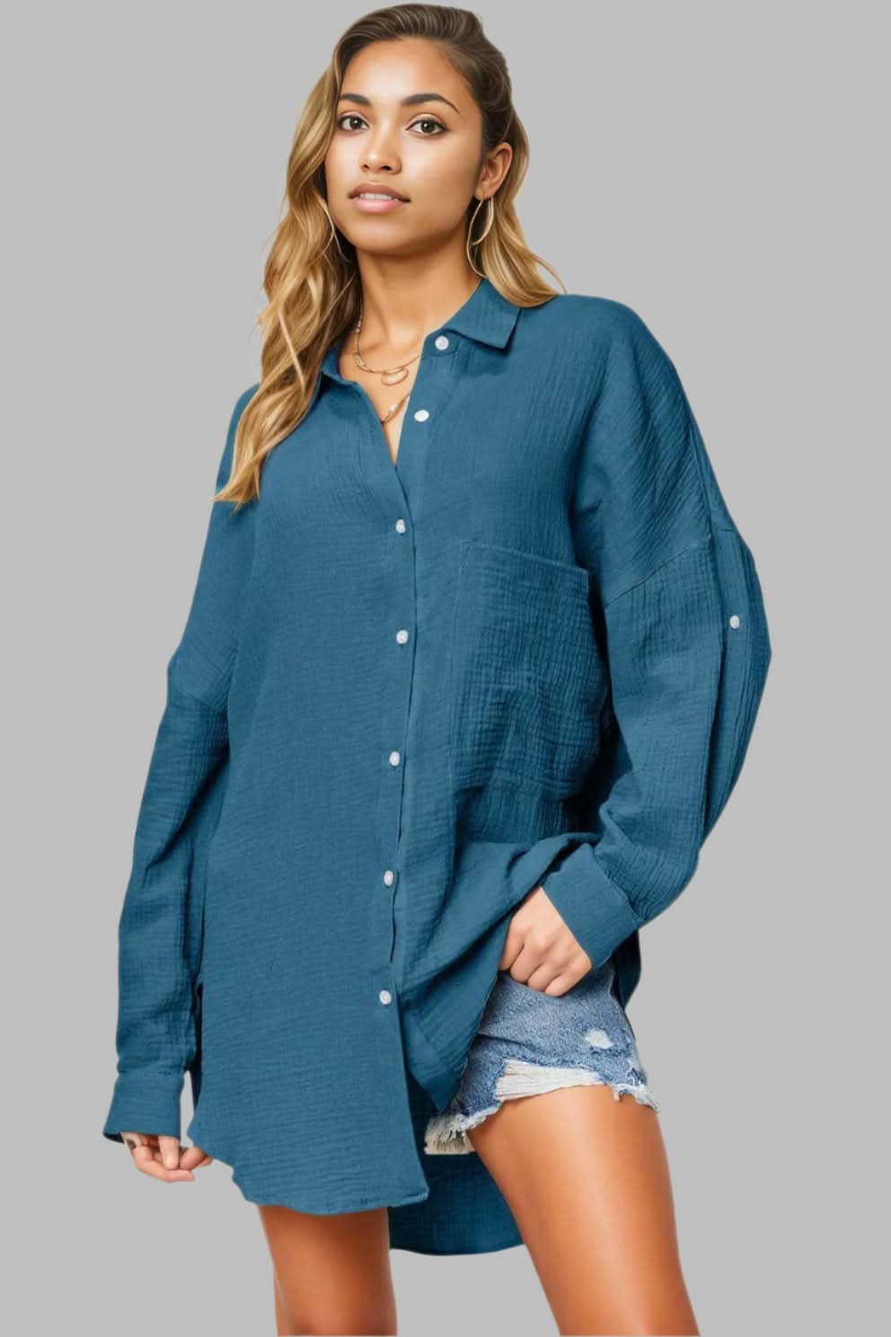 Double Take Full Size Pocketed Texture Button Up Shirt