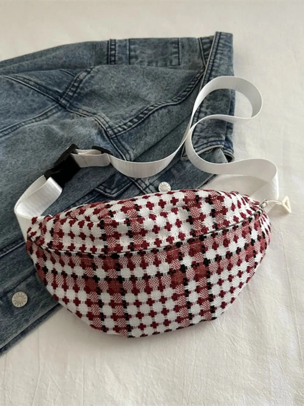 Plaid Wide Strap Crossbody Bag Deep Red One Size