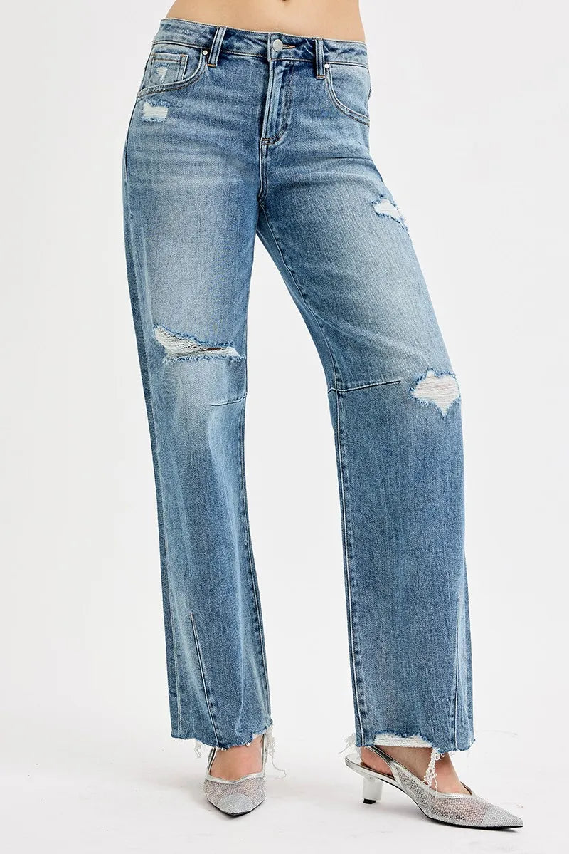 RISEN Full Size Mid Rise Fit Wide Baggy Leg Tie Washed Jeans
