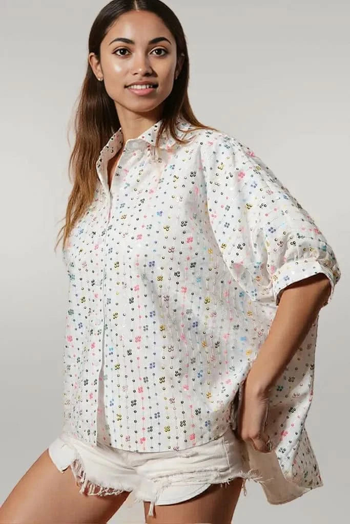 BiBi Sequin Striped Short Dolman Sleeve Blouse