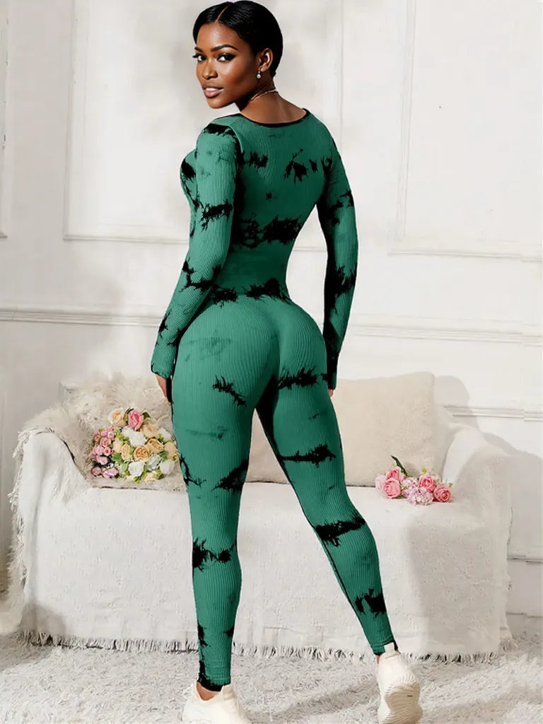 Scoop Neck Long Sleeve Active Jumpsuit Dark Green