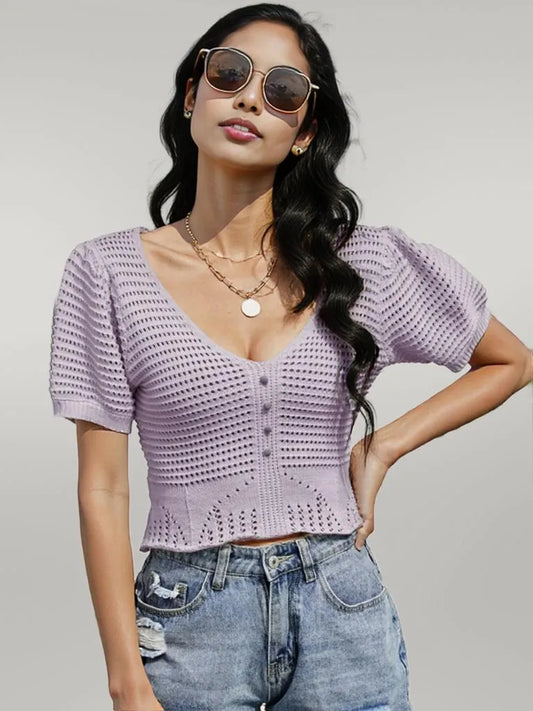 Openwork V-Neck Short Sleeve Knit Top Lilac