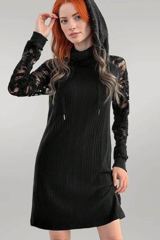Lace Patchwork Long Sleeve Hooded Dress