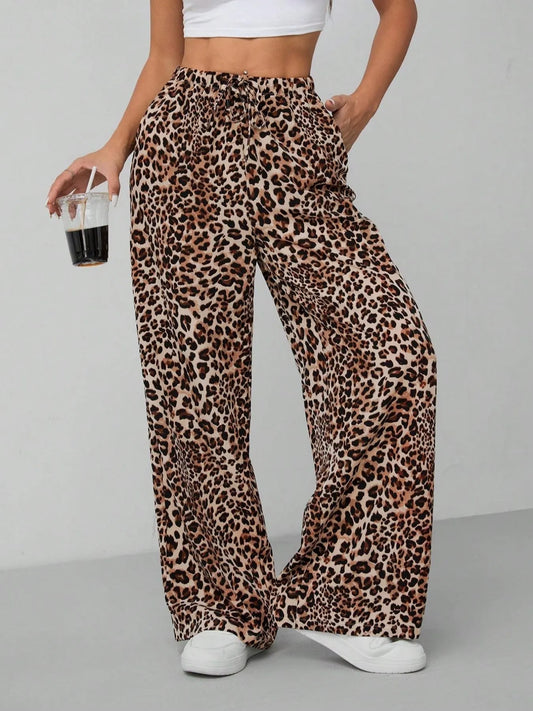 Leopard Print Wide Leg Pants Brown