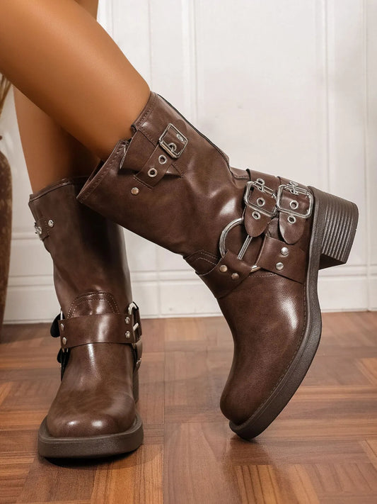 Round Toe Block Heels Boots