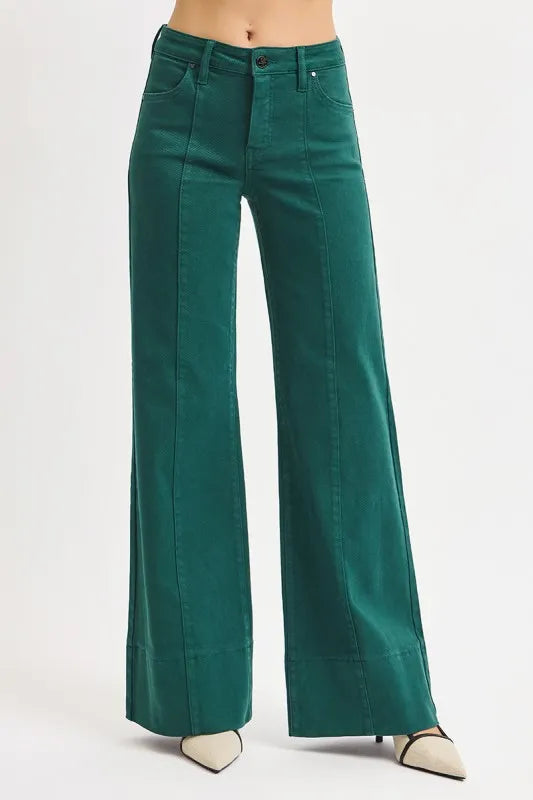 RISEN Full Size Tummy Control Mid Rise Wide Leg Jeans HUNTER GREEN