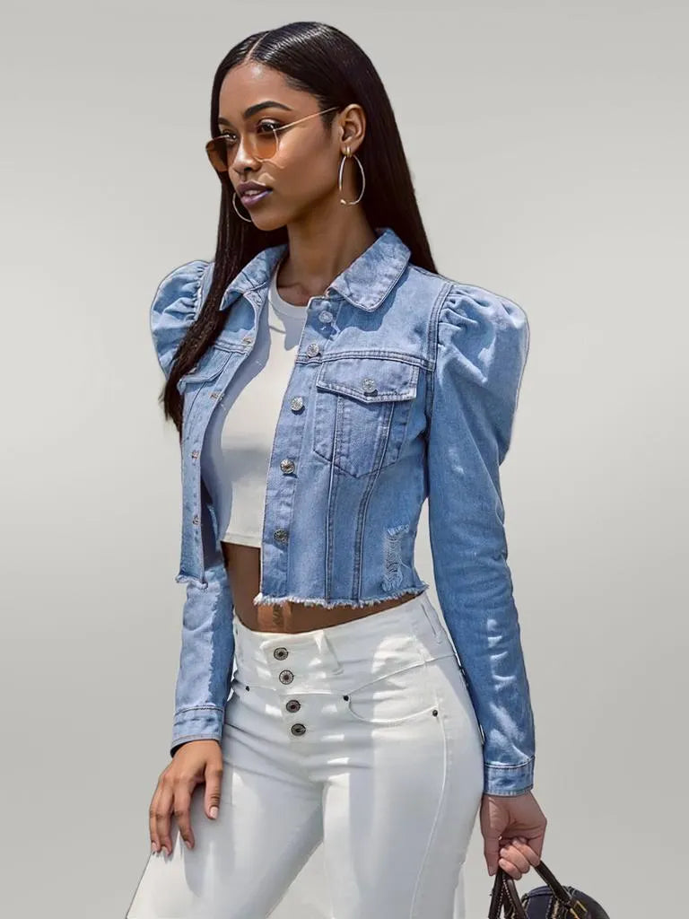 Button Down Raw Hem Cropped Denim Jacket