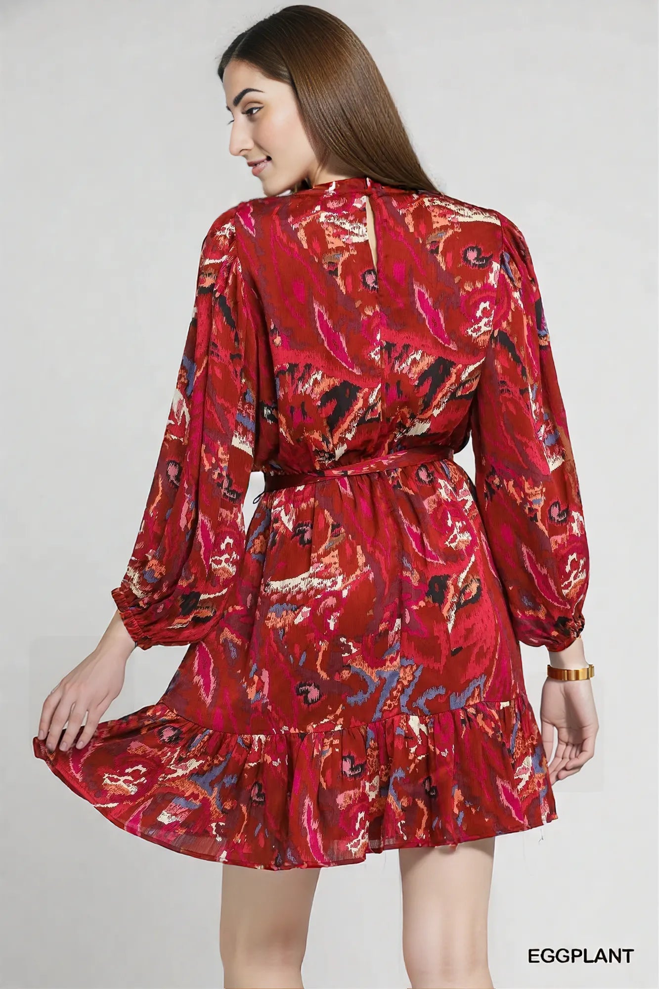 Umgee Ruffled Hem Printed Balloon Sleeve Dress
