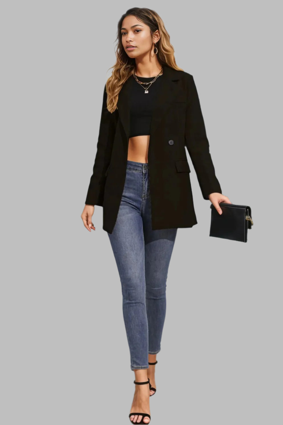 Lapel Neck Long Sleeve Blazer with Pockets
