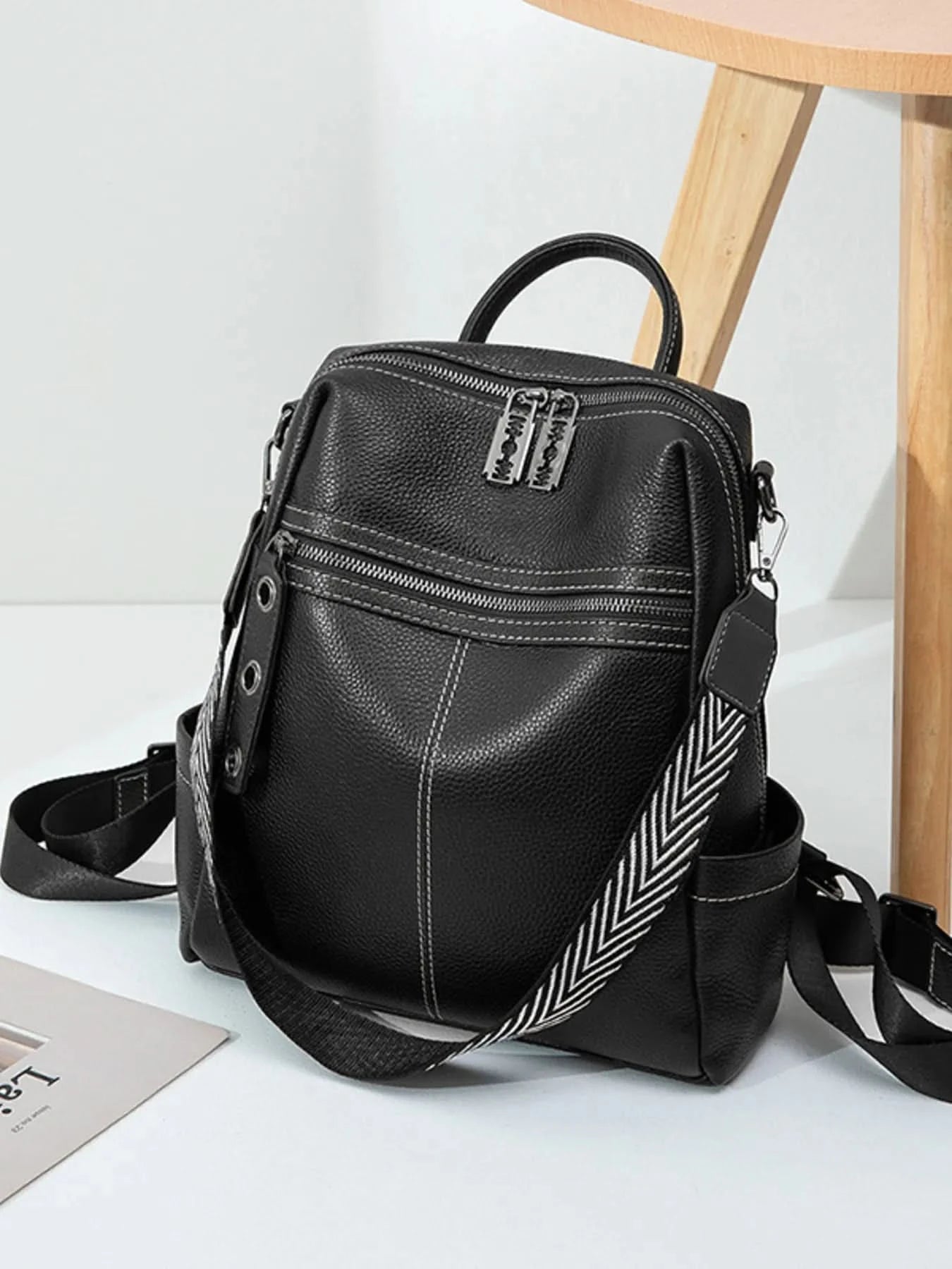 Leather Multi-Compartment Backpack Bag Black One Size