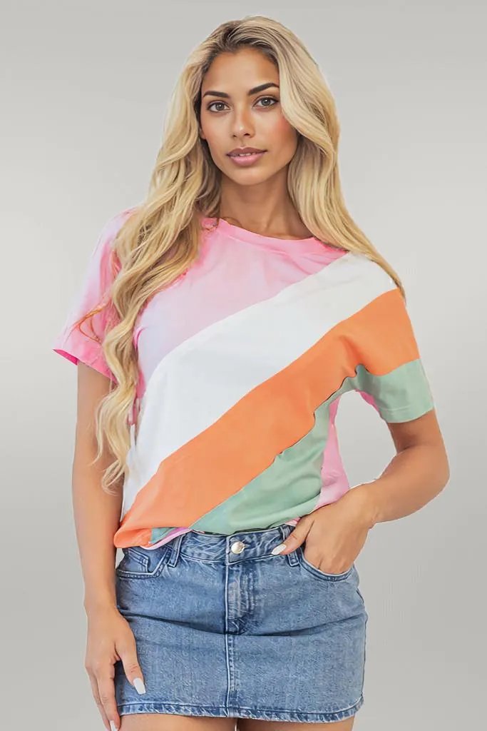 Pink Color Block Patchwork Seamed Crewneck T Shirt Pink 95%Cotton+5%Elastane